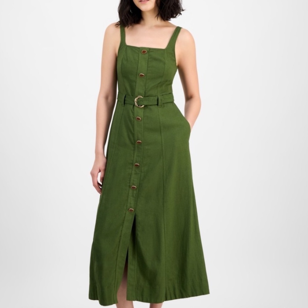 Taylor Midi Dress Women 0P New Fern Green Linen Blend Belted Pockets MSRP $138